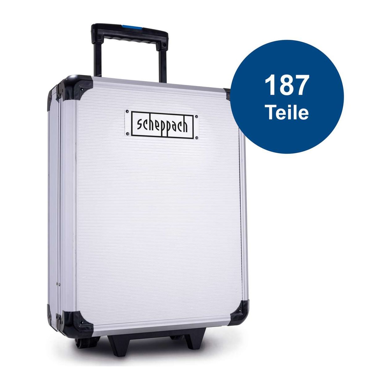 Werkzeugkoffer WZT187 von Scheppach mit 187 Teilen. Robuster Koffer mit Griff und Rollen für einfachen Transport. Ideal für Heimwerker und Profis.