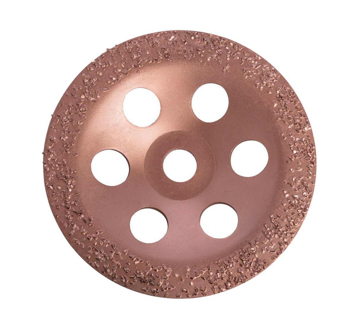 Hartmetalltopfscheibe CGP1200 von Scheppach. Rundes Werkzeug mit fünf Löchern und strukturiertem Rand. Gezeigt von oben.