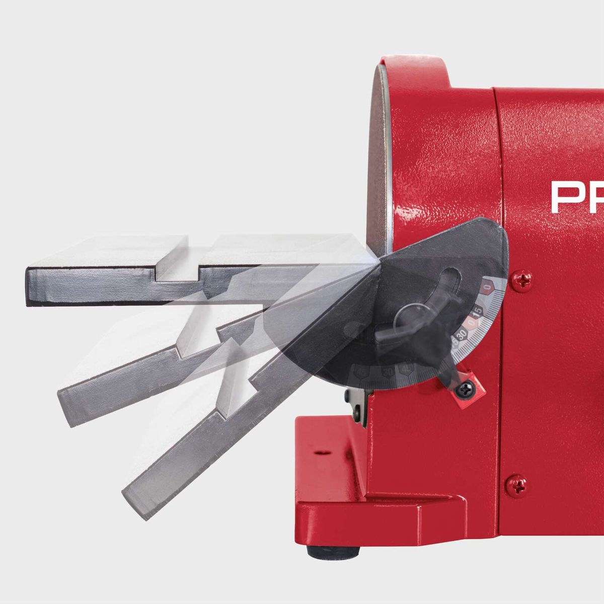 Bandschleifscheibe und -halterung für Bandschleifer mit Messmarkierung für präzise Einstellung