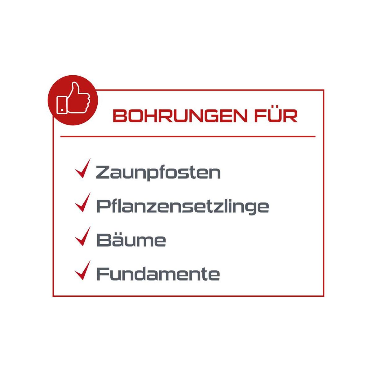 Bohrungen für Zaunpfosten, Pflanzensetzlinge, Bäume und Fundamente. Geeignet für verschiedene Anwendungen im Garten und Bauwesen.