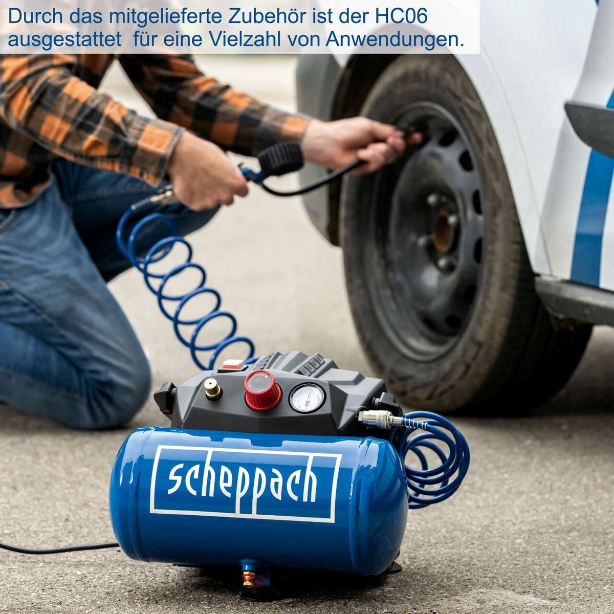 Der Kompressor HC06 Scheppach ist mit Zubehör ausgestattet, das für vielfältige Anwendungen geeignet ist. Dazu gehören ein 1200W Motor, eine Leistung von 200 L/min und ein Druck von 8 bar. Enthalten ist auch ein 5m Spiralschlauch.
