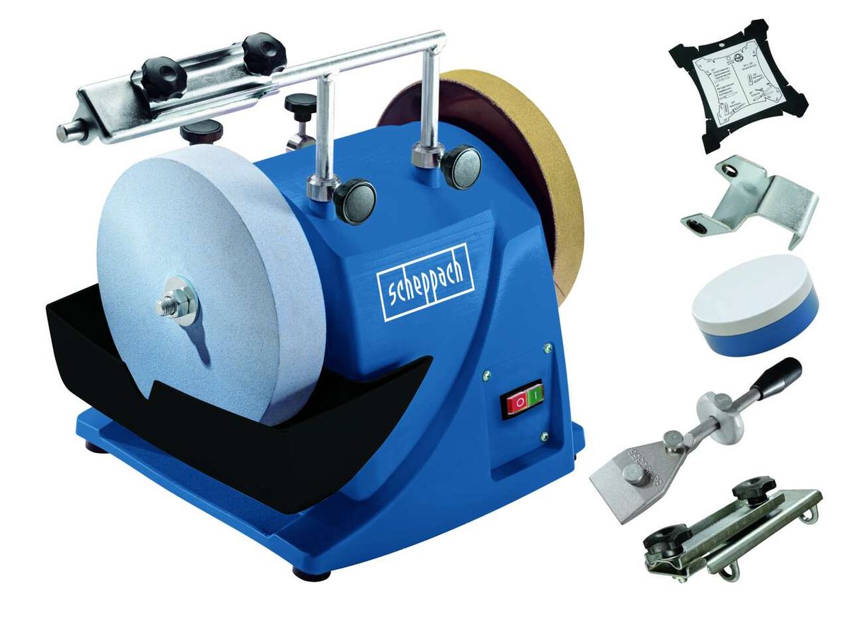 Scheppach-Wasserschleifmaschine mit integriertem Zubehör für Schleifscheiben und Halterungen