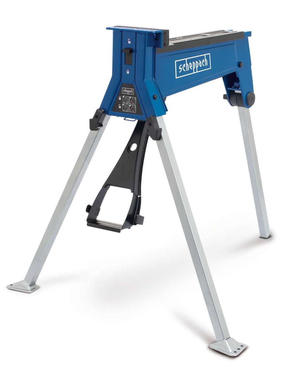 Spannbock SB1000 scheppach, seitliche Ansicht mit geöffnetem Spannmechanismus.