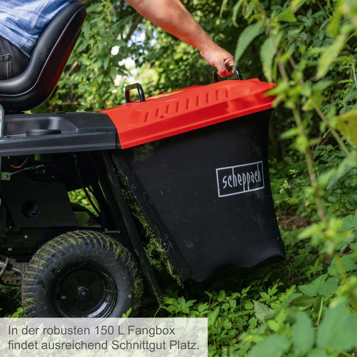 Der Benzin-Aufsitzrasenmäher MR225-61 von Scheppach verfügt über eine robuste 150 L Fangbox, die ausreichend Platz für Schnittgut bietet.