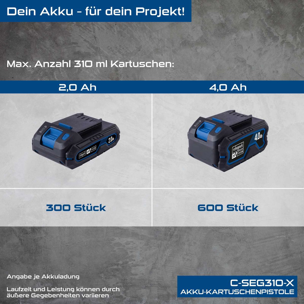 Scheppach Akku-Kartuschenpistole C-SEG310-X mit Batterieoptionen 20Ah und 40Ah, max. 310 ml Kartuschen, 300 bzw. 600 Stück pro Set