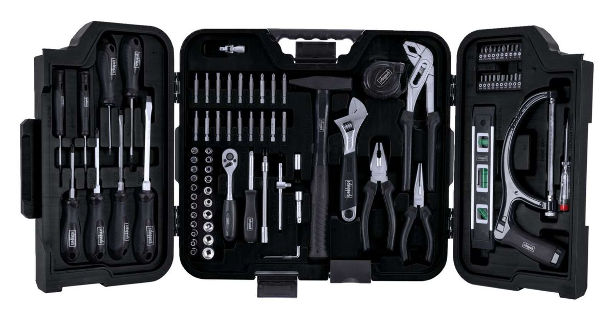 Werkzeugkoffer WZB99-BE von Scheppach. Enthält Schraubendreher, Zangen, Hammer, Ratschenschlüssel und mehr. Geeignet für verschiedene Reparatur- und Montagearbeiten.