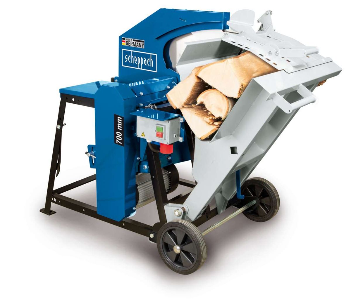 Wippsäge KW7 Scheppach, 400V, 7500W, 700mm HW-Sägeblatt, 250-1500mm Schnittlänge, Schnitt-Ø 260mm, Keilriemenantrieb. Gezeigt von der Seite.