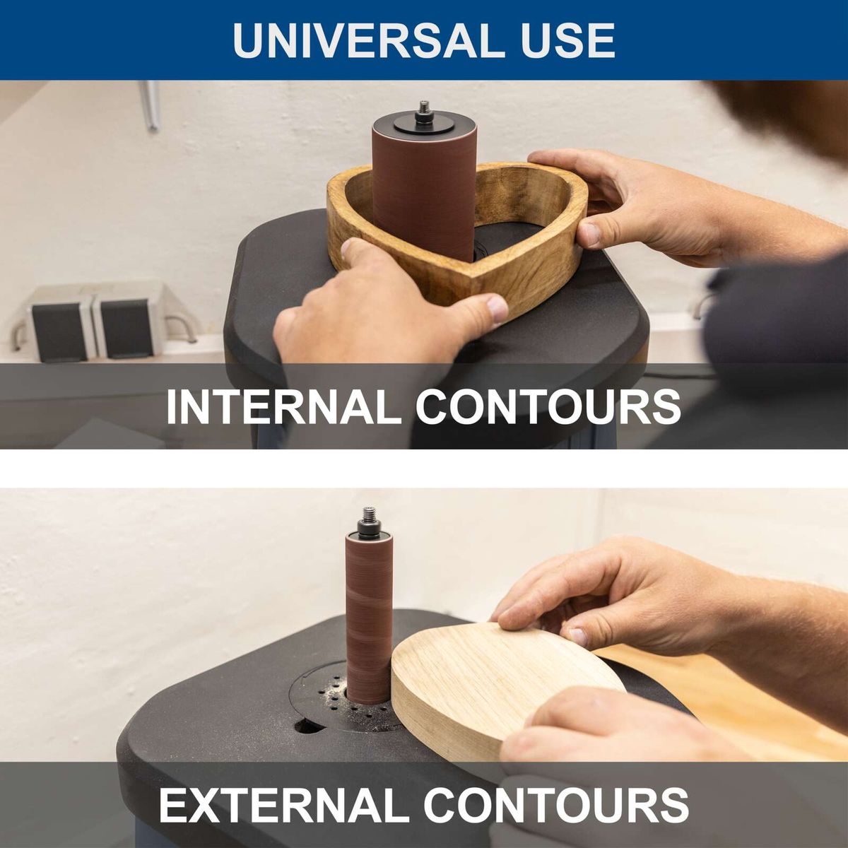 The oscillating spindle sander OSM100 by Scheppach is suitable for processing internal and external contours. It is universally applicable.