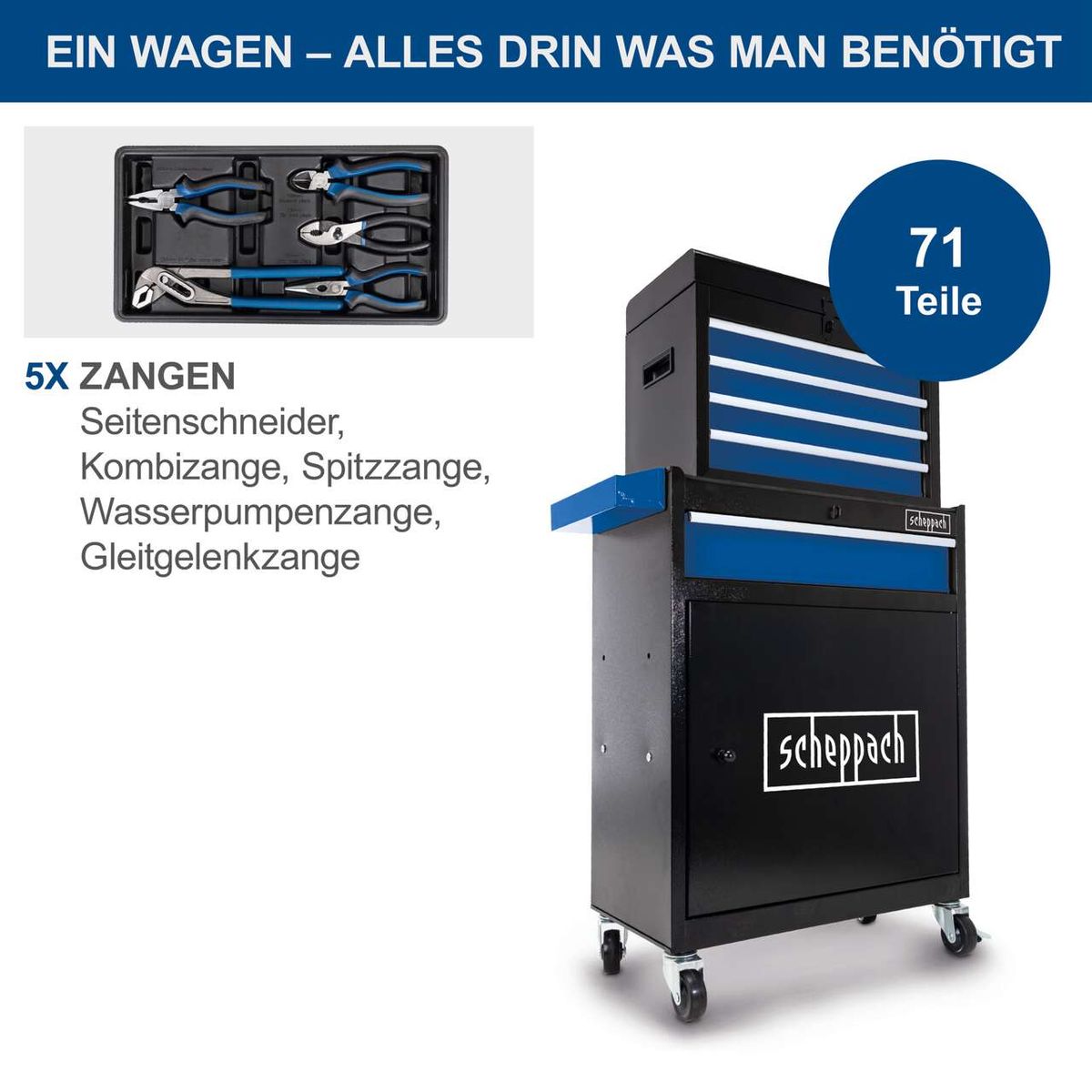 Der Werkstattwagen TW1200 von Scheppach enthält 71 Teile, darunter 5 verschiedene Zangen: Seitenschneider, Kombizange, Spitzzange, Wasserpumpenzange und Gleitgelenkzange. Der Wagen bietet alles, was man benötigt.