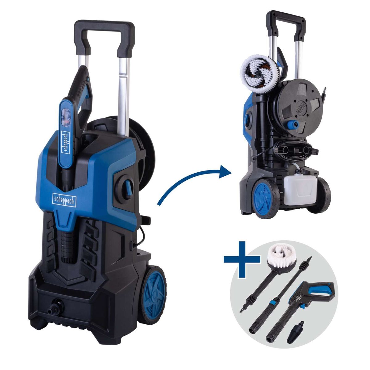 Elektro-Hochdruckreiniger mit höhenverstellbarem Gerätearm und integriertem Reinigungskopf für flexible Reinigungsaufgaben