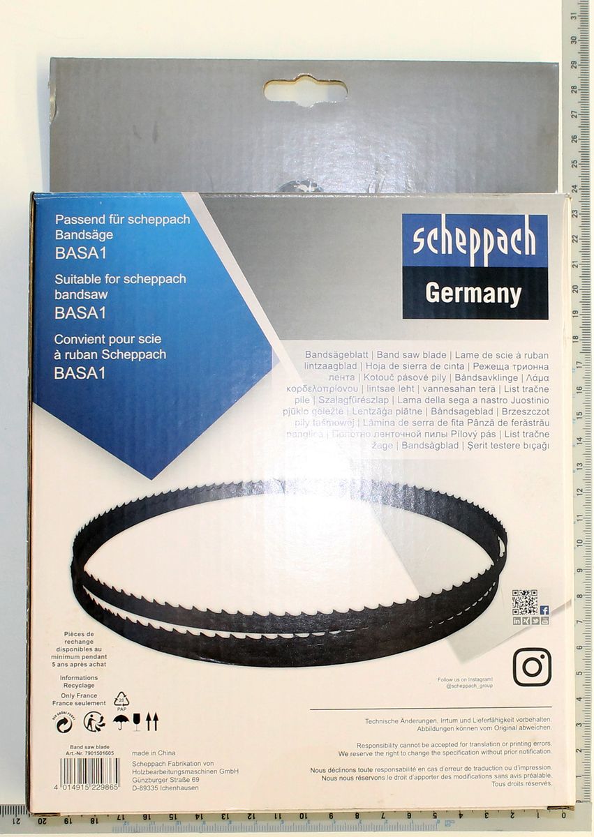 Scheppach-Sägeband (BASA1) mit Beschriftung und Produktinformationen auf dem Packaging