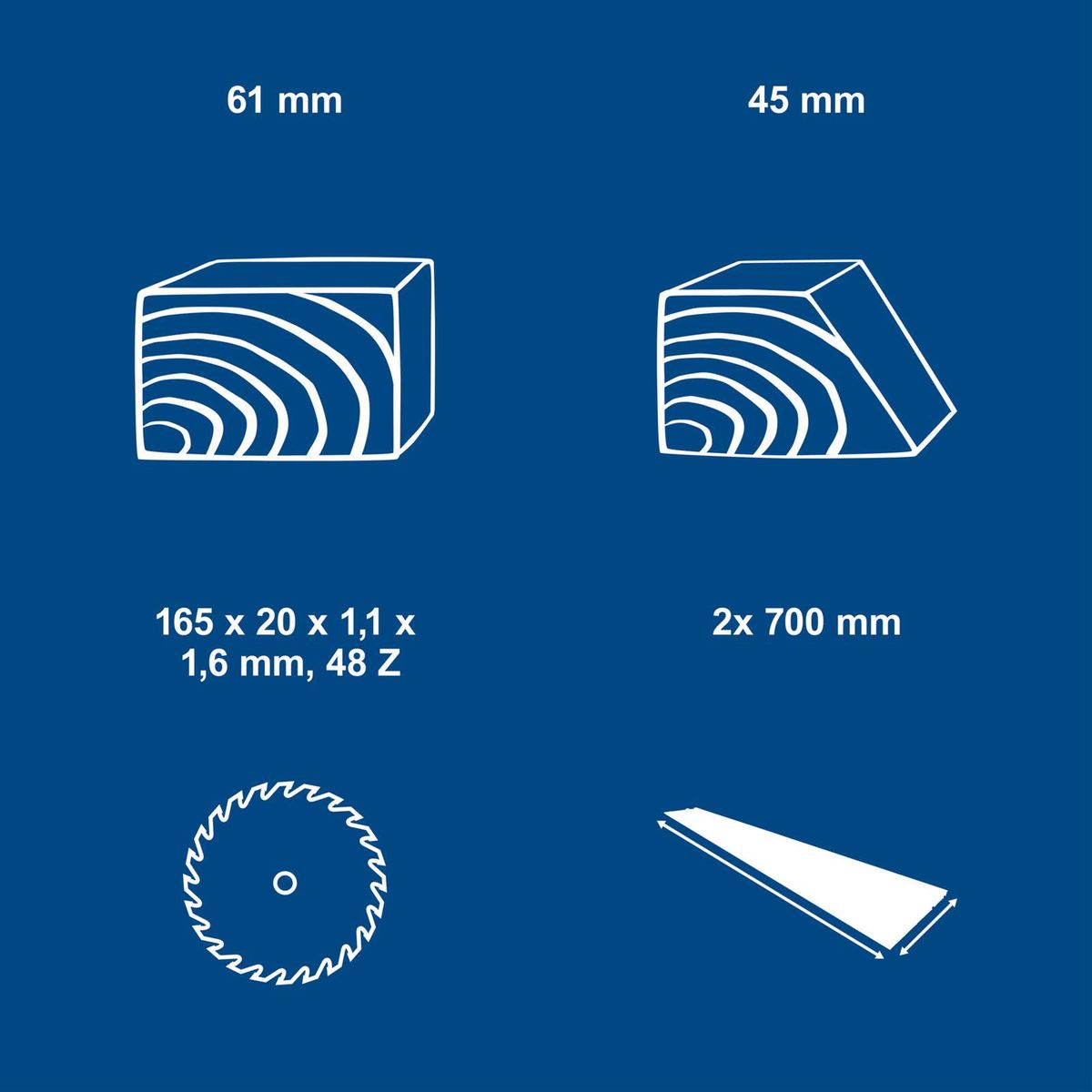 Scheppach-Akku-Tauchschleifblatt mit 165 mm Durchmesser, 48 Zähnen, 1,6 mm Stärke und 61 mm Schnitttiefe; 2x 700 mm lange Schleifstange