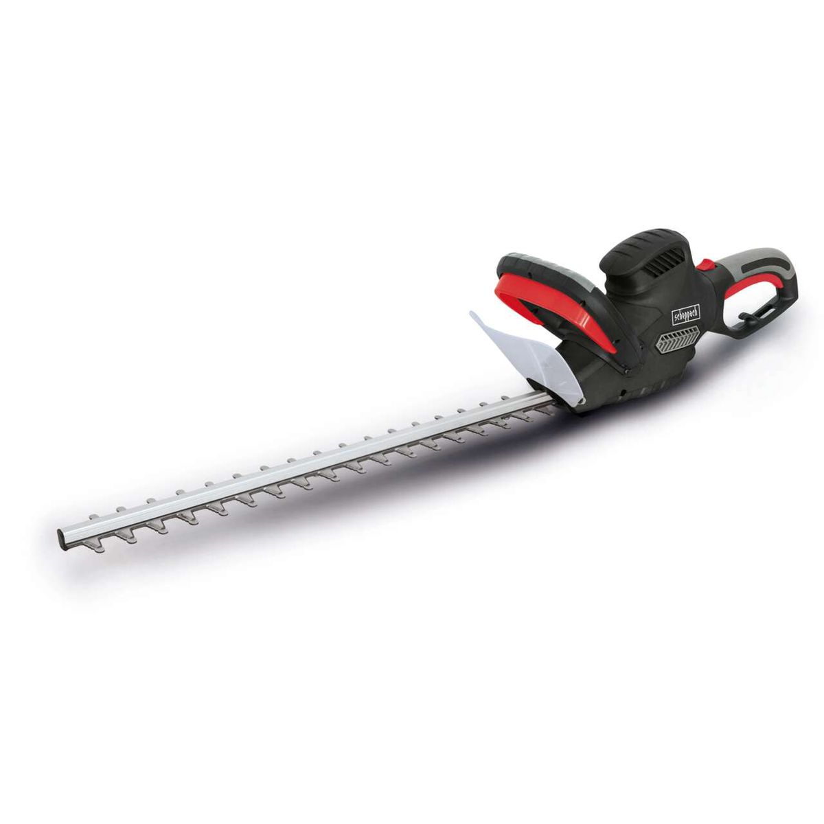 Heckenschere HT600 von Scheppach mit 620W Leistung, 230-240V, 50Hz. Gezeigt von der Seite mit Griff und Schneidblatt. Besondere Merkmale: ergonomischer Griff und robuste Bauweise.
