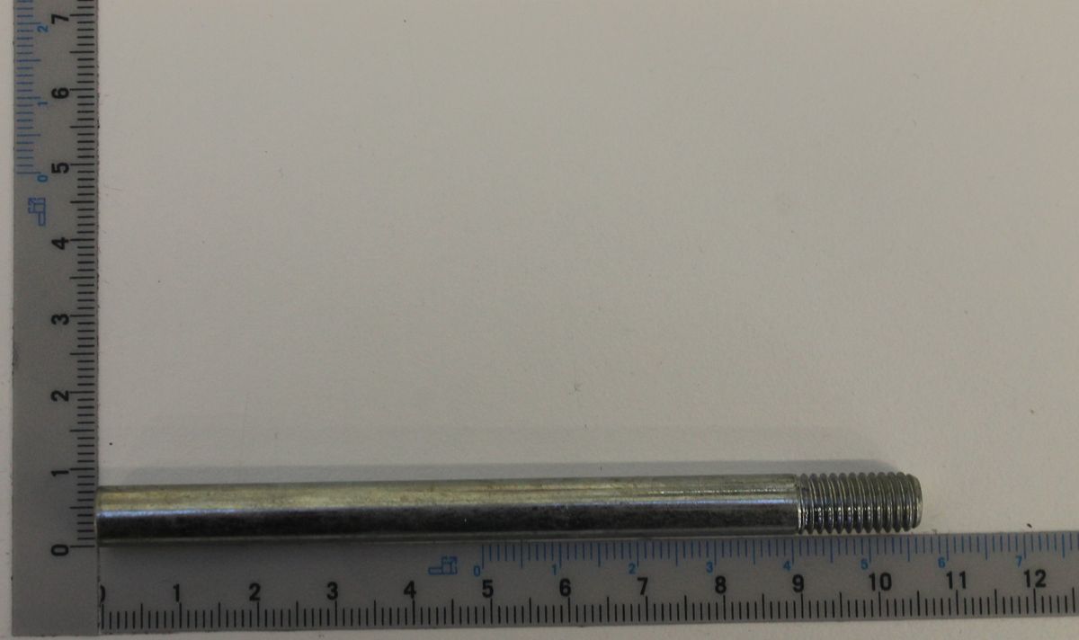 Ein Kipphebel mit Gewindeende, neben einem Lineal zur Größenveranschaulichung. Der Kipphebel ist von der Seite zu sehen.