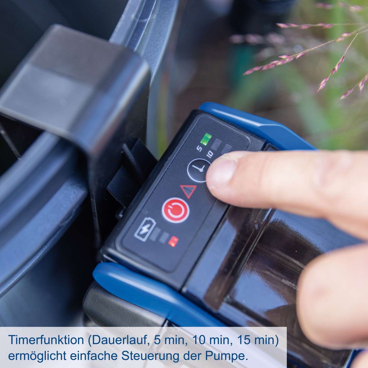 Timerfunktion für Dauerlauf, 5, 10 und 15 Minuten für einfache Steuerung der Pumpe
