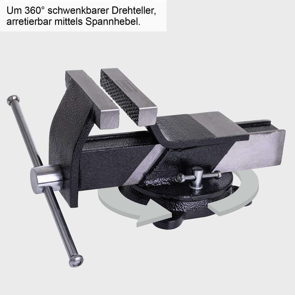 Schraubstock ASV360-100 mit 360° schwenkbarer Grundplatte, arretierbar mittels Spannhebel.
