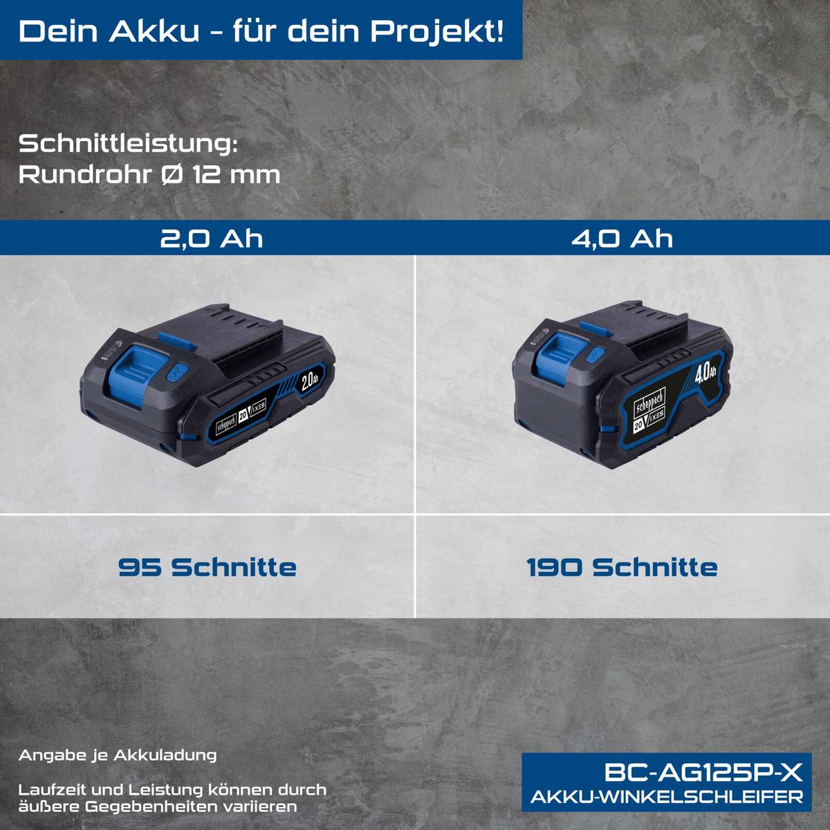 Scheppach Akku-Winkelschleifer mit 12 mm Rundrohr-Schnittleistung; 2,0 Ah und 4,0 Ah Batterien, jeweils mit unterschiedlichen Schnittkapazitäten (95 bzw. 190 Schnitte)