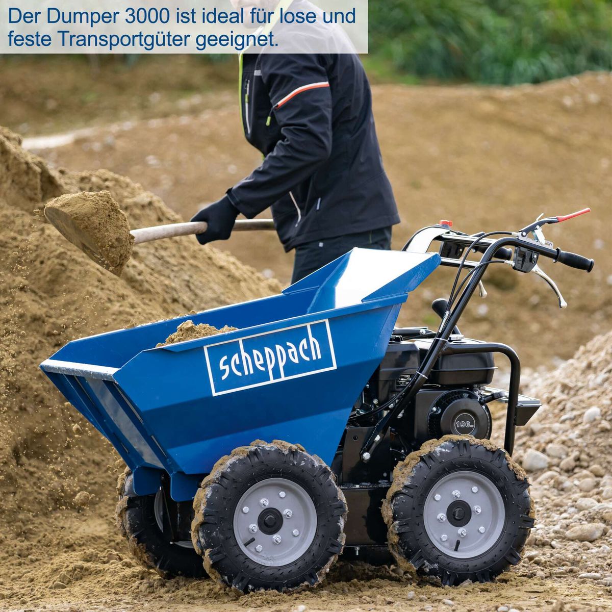 Scheppach-Dumper mit Flachpritsche für Transport von Stückgut, inkl. Antrieb und Fahrwerk für robuste Nutzung