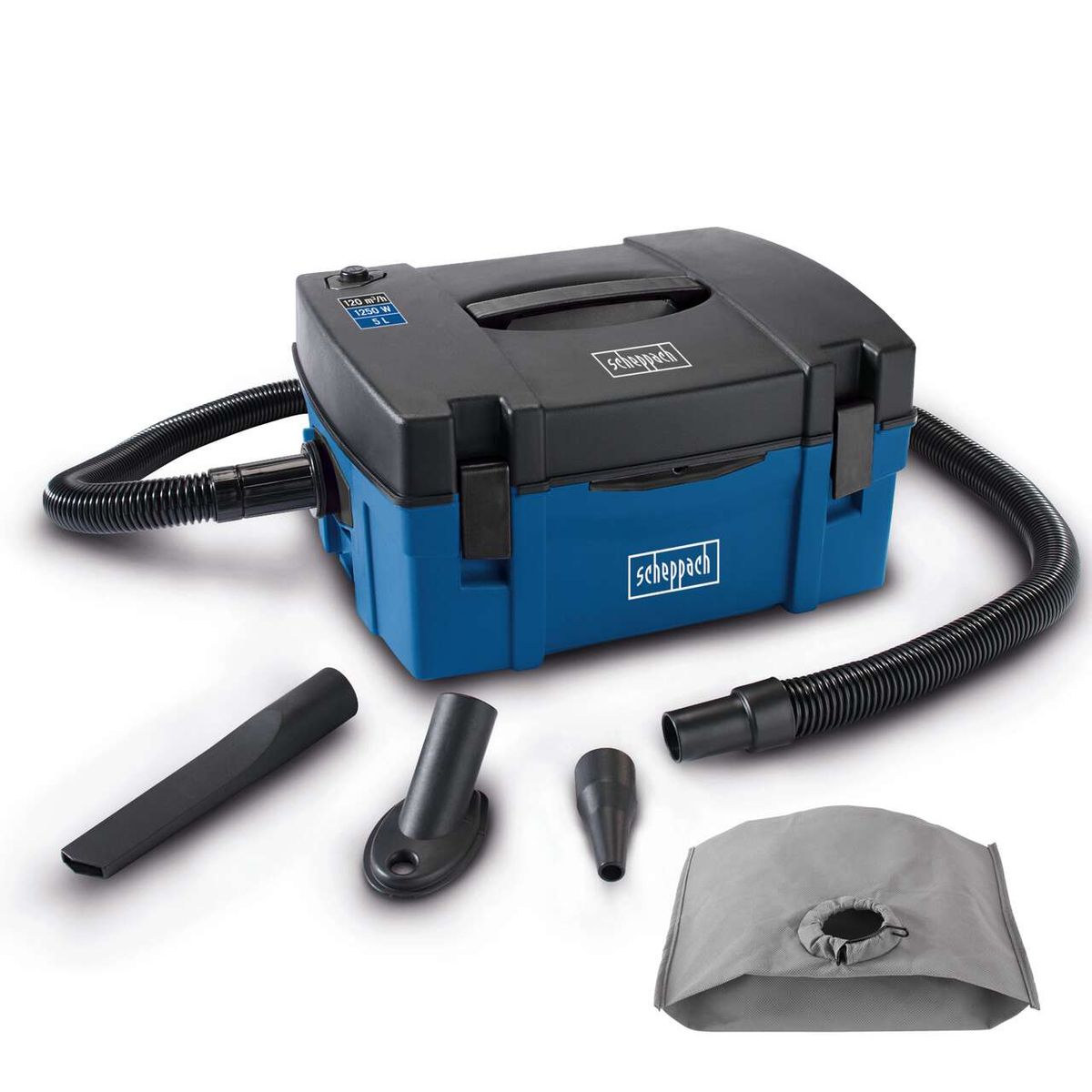 Absauganlage HD2P Scheppach - 1250W, Kunststoffgehäuse, inkl. Bohr-Absaugdüse und Saug-Blasdüse. 5L Behälter, 120mW Leistung.