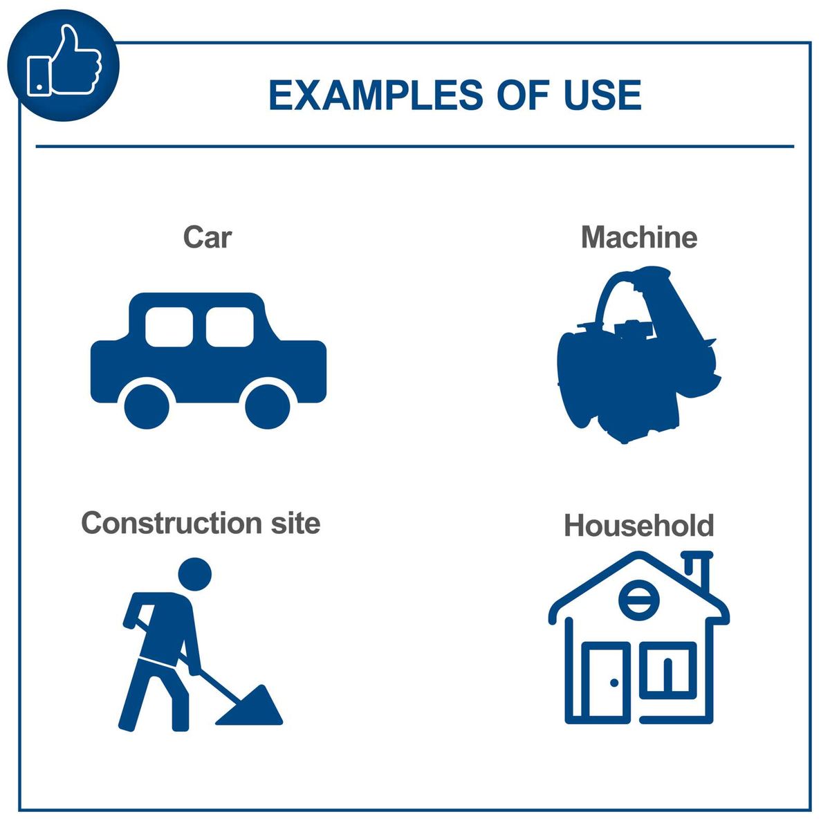 Examples of use: machines, cars, construction sites, household environments