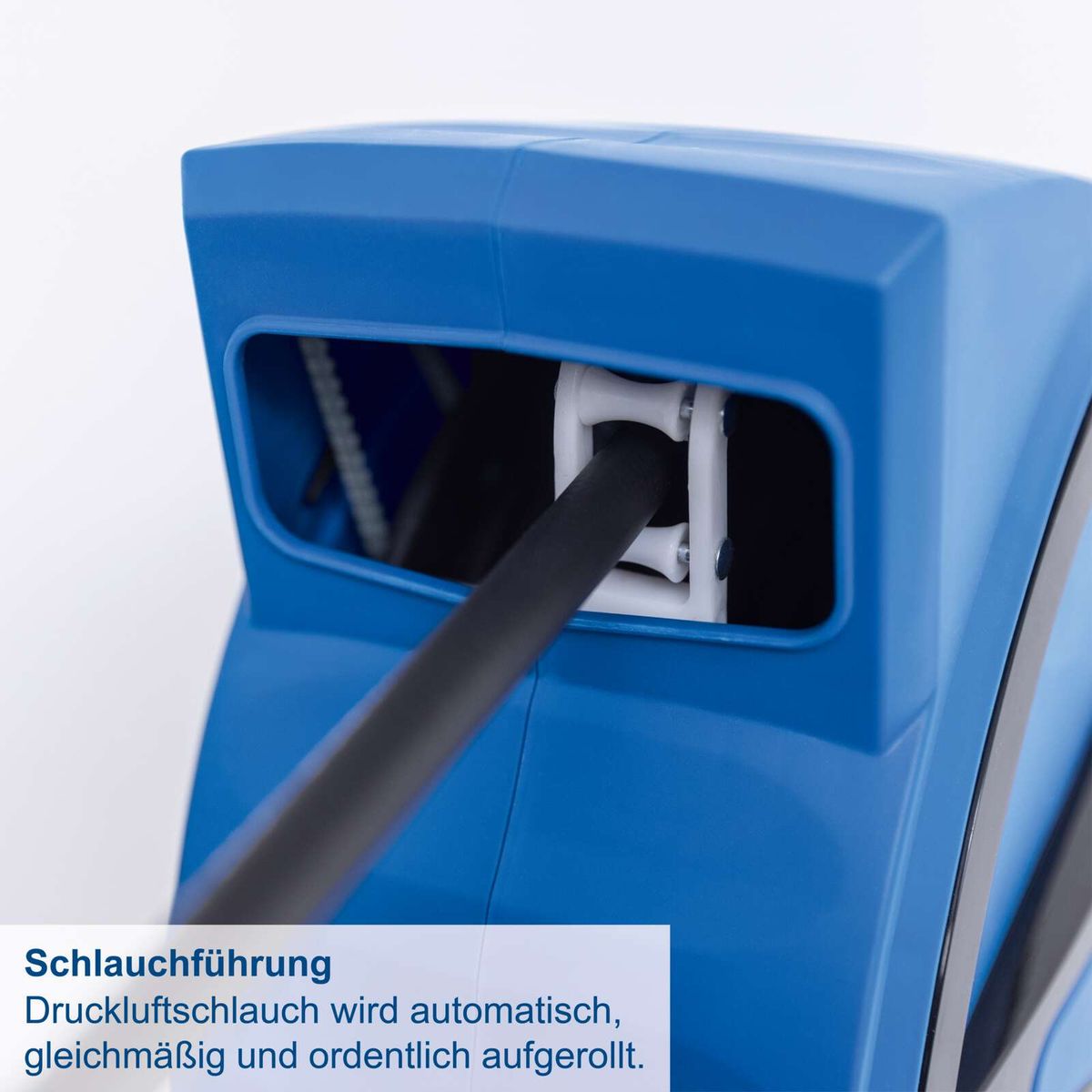 Automatische gleichmäßige Aufrollung des Druckluftschlauchs mit Beschriftung zur Funktion