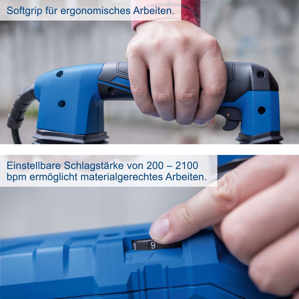 Abbruchhammer mit ergonomischem Griff und einstellbarer Schlagzahl von 200–2100 bpm für präzises Arbeiten