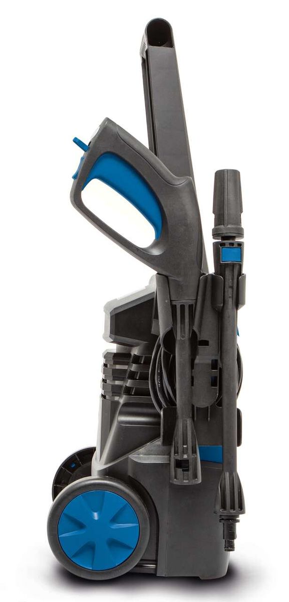 Hochdruckreiniger HCE1600 von Scheppach, seitliche Ansicht mit Griff und Rädern.