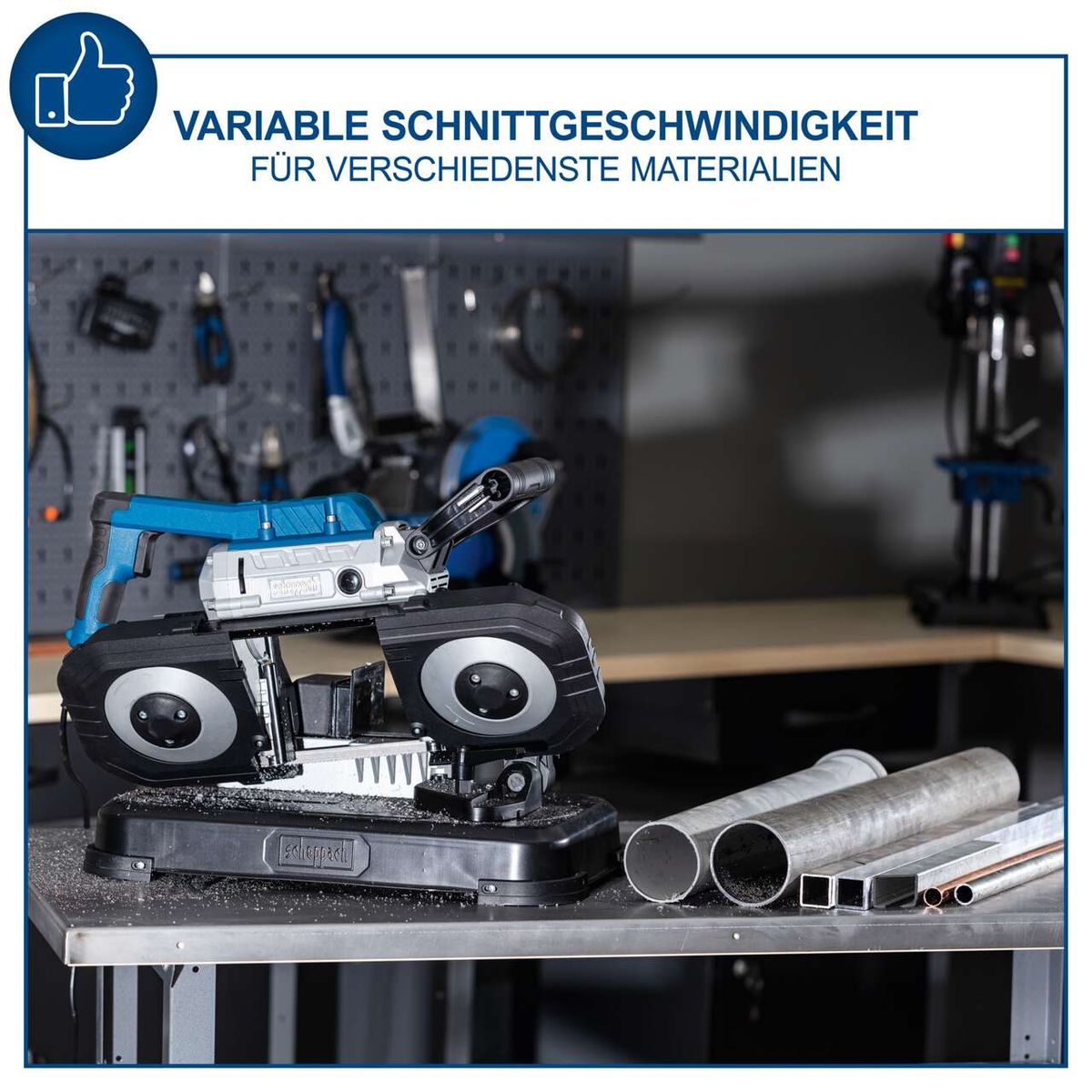 Metallbandsäge MBS1200 mit variabler Schnittgeschwindigkeit für verschiedene Materialien, inklusive Arbeitstisch und LED-Beleuchtung.