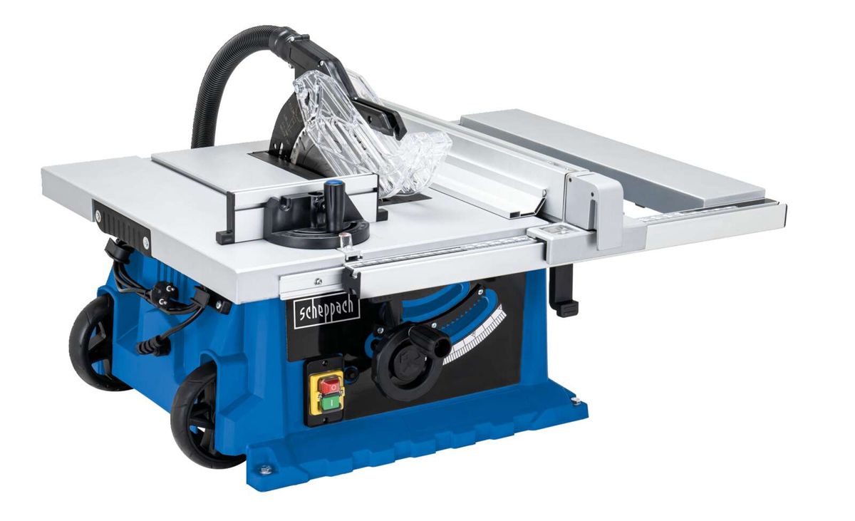 Scheppach Tischkreissäge mit Arbeitsplatte und Auswurfschiene
