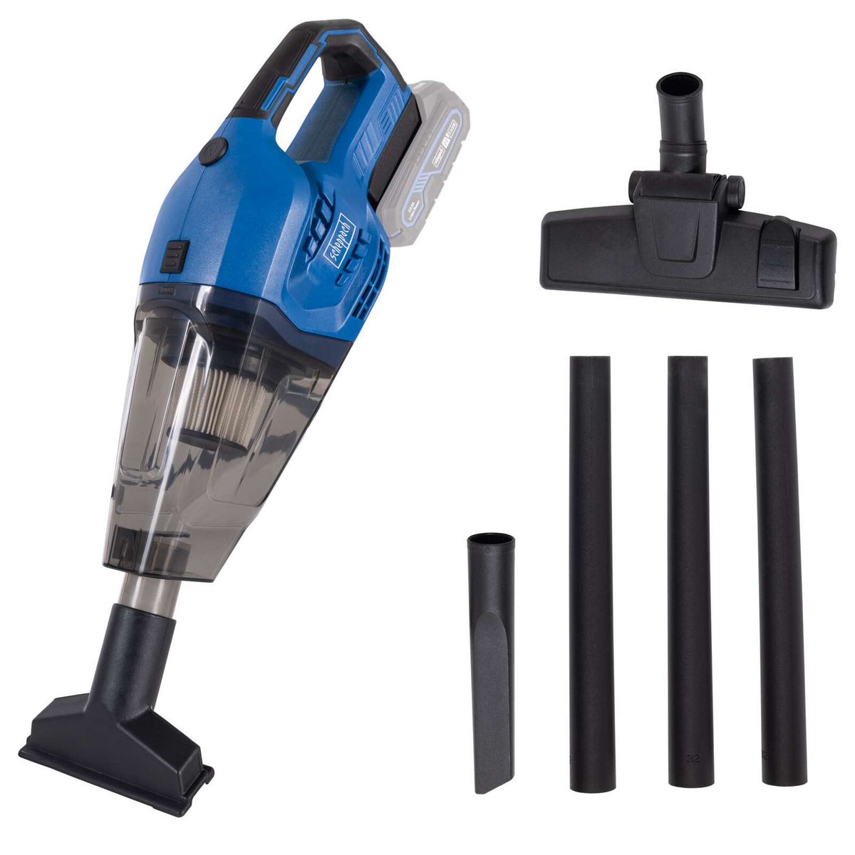 Der Akku-Handstaubsauger C-HVC150-X von Scheppach hat ein Fassungsvermögen von 560 ml, einen Faltenfilter der Filterklasse F9 und eine Saugleistung von 10 kPA. Er wird ohne Akku und Ladegerät geliefert.