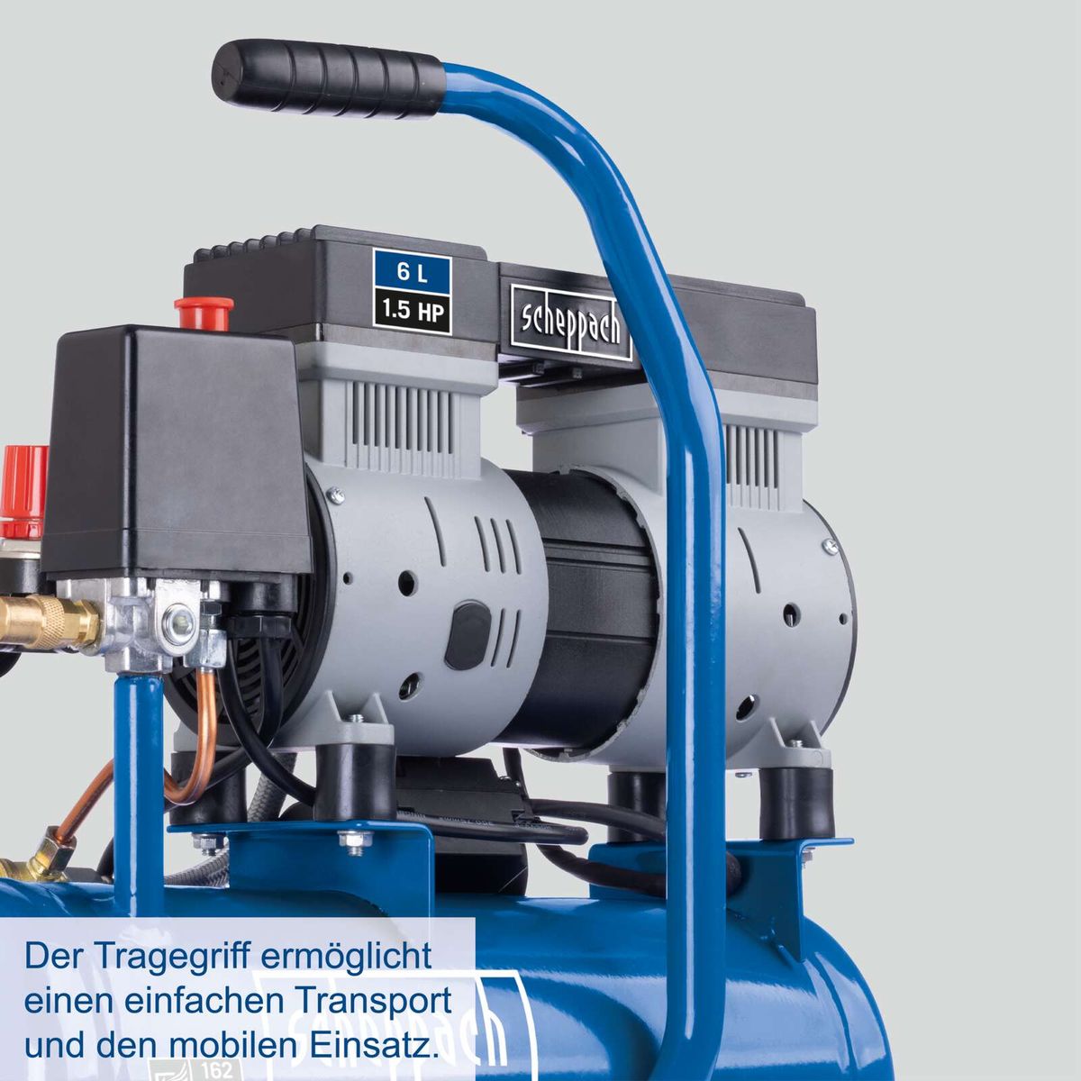 Ergonomischer Traggriff für einfachen Transport und mobilen Einsatz eines Scheppach-Kompressors