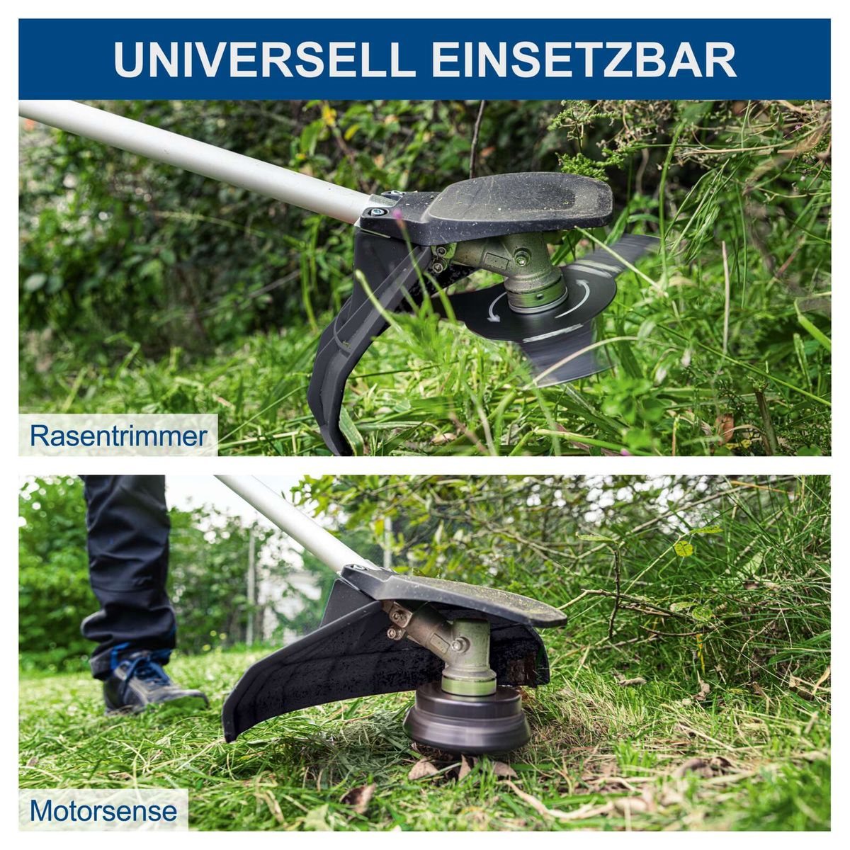 Akku-Freischneider mit Rasentrimmerfunktion und Motorsense-Einheit, 330 mm Schnittbreite