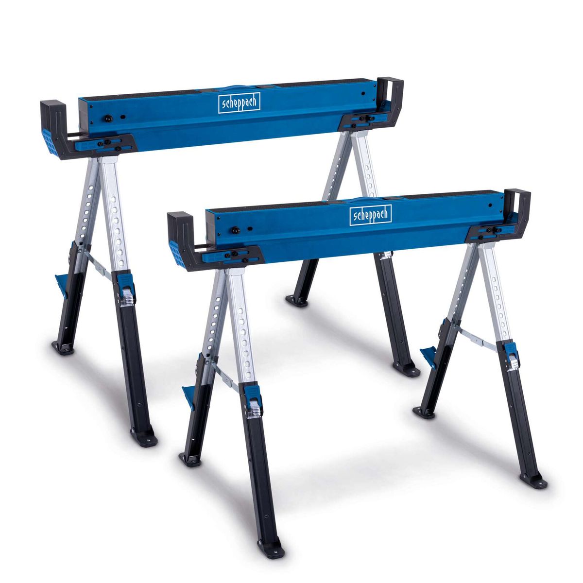 Arbeitsbock MWB700 Scheppach - 2er-Set mit 9 Stufen von 615 – 820 mm, je Arbeitsbock 600kg Tragfähigkeit. Stabil, höhenverstellbar, robuste Konstruktion.