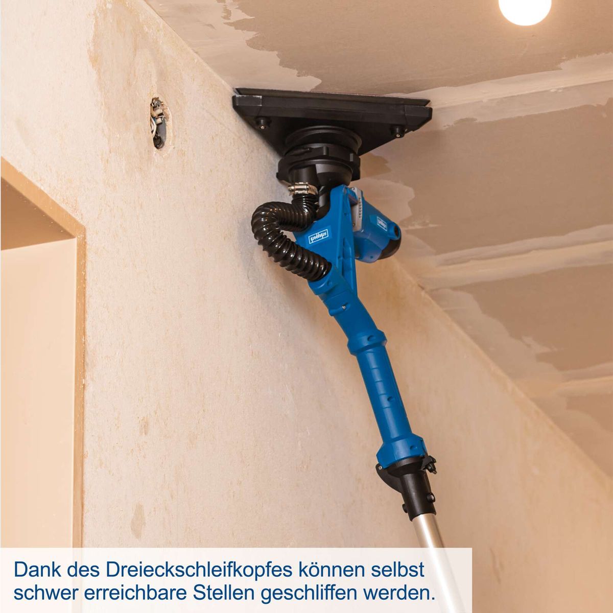 Triangular grinding head allows easy access to hard-to-reach ceiling and wall areas