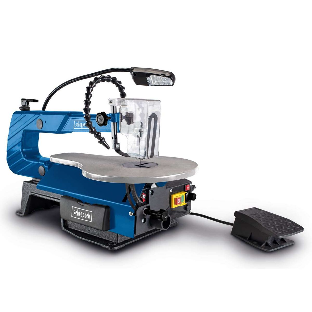 Scheppach-Dekupiersäge mit Fußschalter, Arbeitsplatte und Beleuchtungseinrichtung