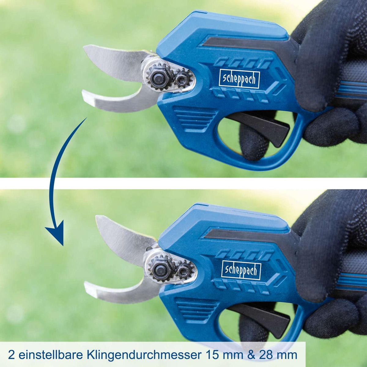 Die Akku-Astschere BC-PRS28-X von Scheppach bietet zwei einstellbare Klingendurchmesser von 15 mm und 28 mm. Sie verfügt über einen Handschutz und eine automatische Abschaltung sowie einen bürstenlosen Motor.