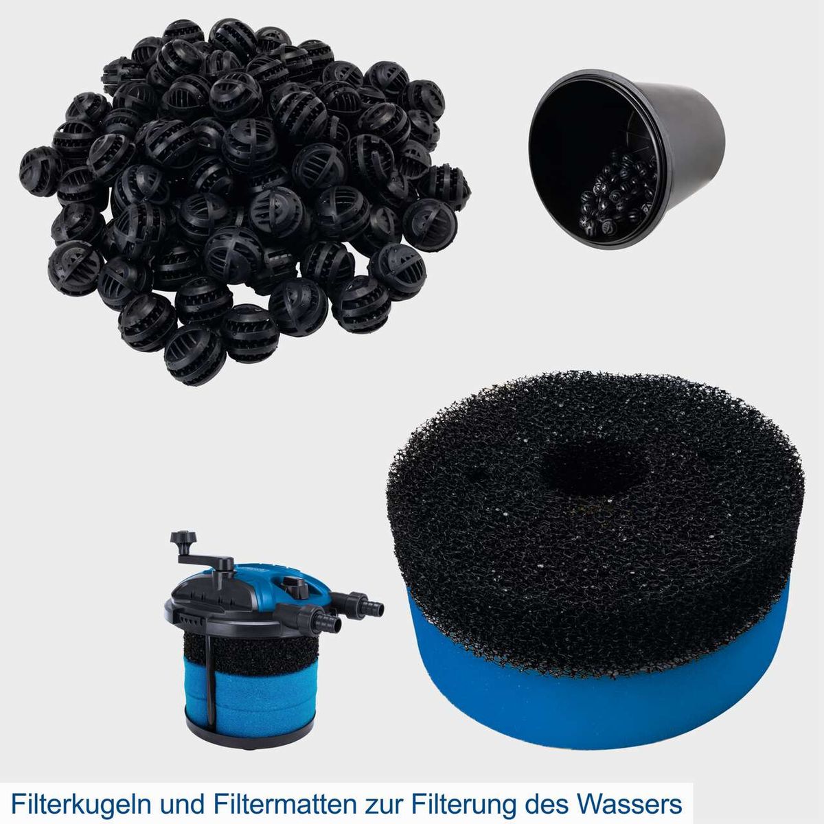 Filterkugeln und Filtermatten zur Filterung des Wassers. Das Teichdruckfilter Set PFS20000 von Scheppach umfasst Filterkugeln und Filtermatten für eine effektive Wasserfilterung.