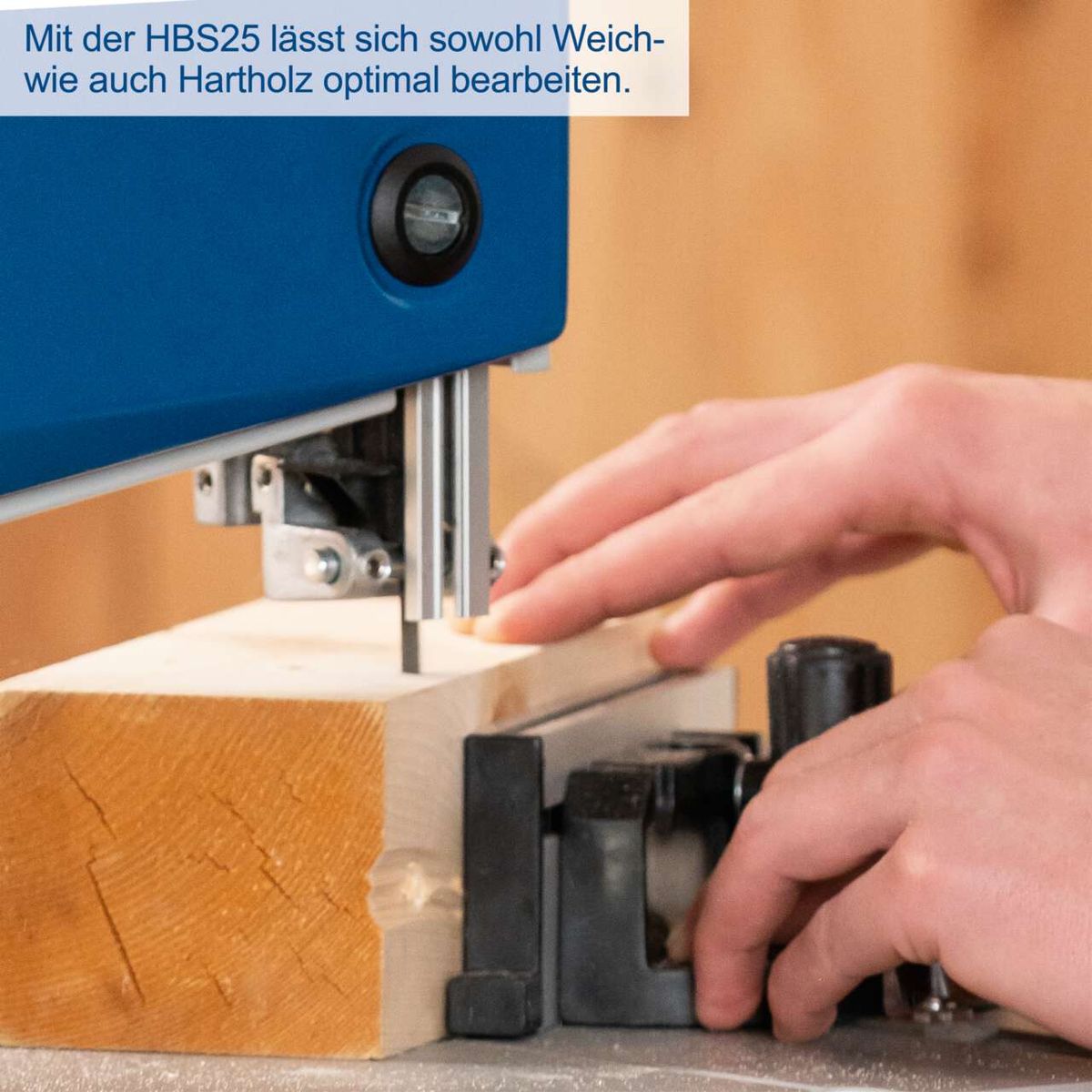 Bandsäge HBS25 mit Weich- und Hartholz-Bearbeitungsfunktion, Handbedienung und Arbeitsplatte für präzise Schnitte