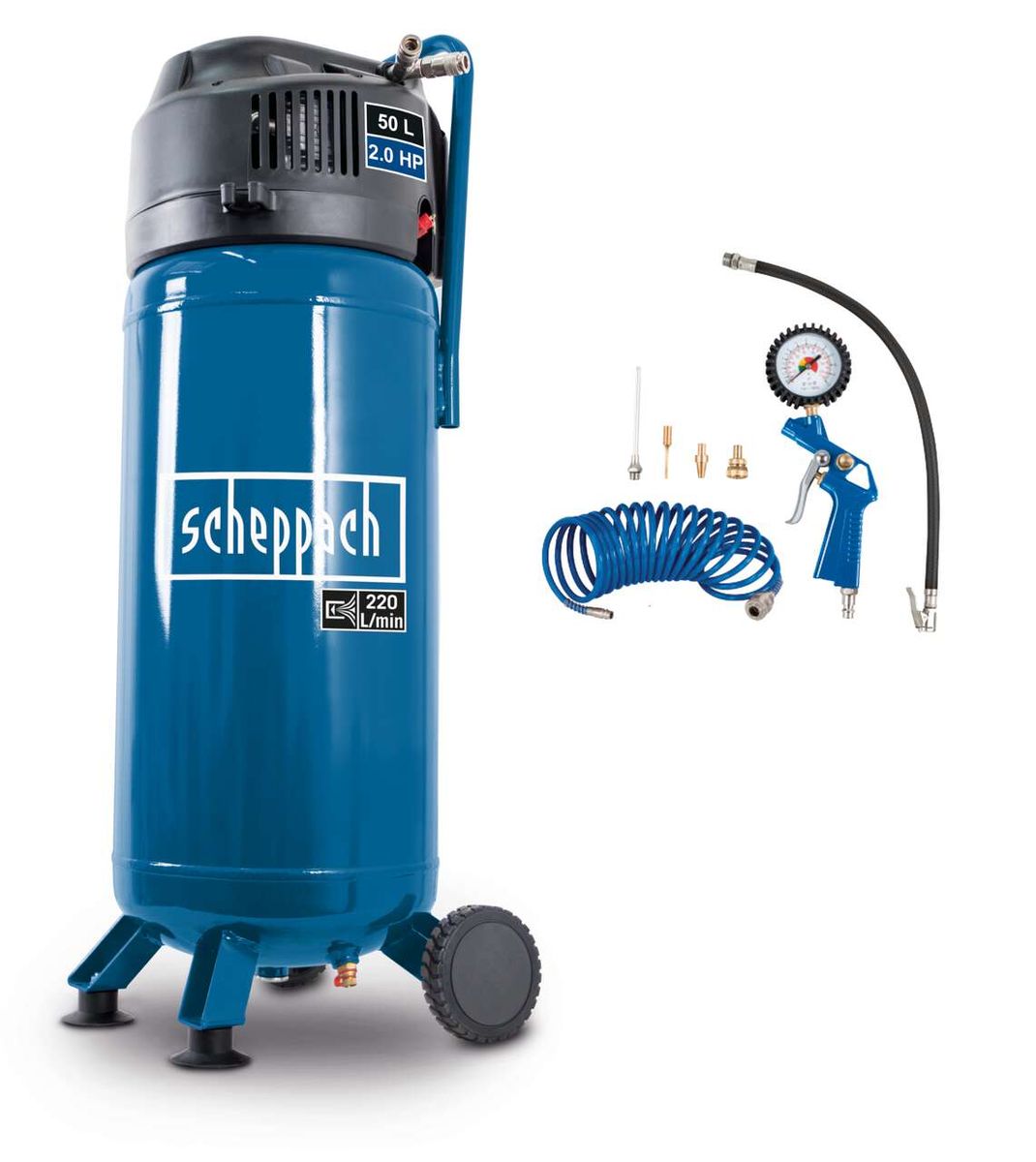 Scheppach Kompressor VC52Pro SE, 50L, 2,0 HP, inkl. Zubehörset mit Spiralschlauch und Druckmessgerät. Ansicht von vorne.