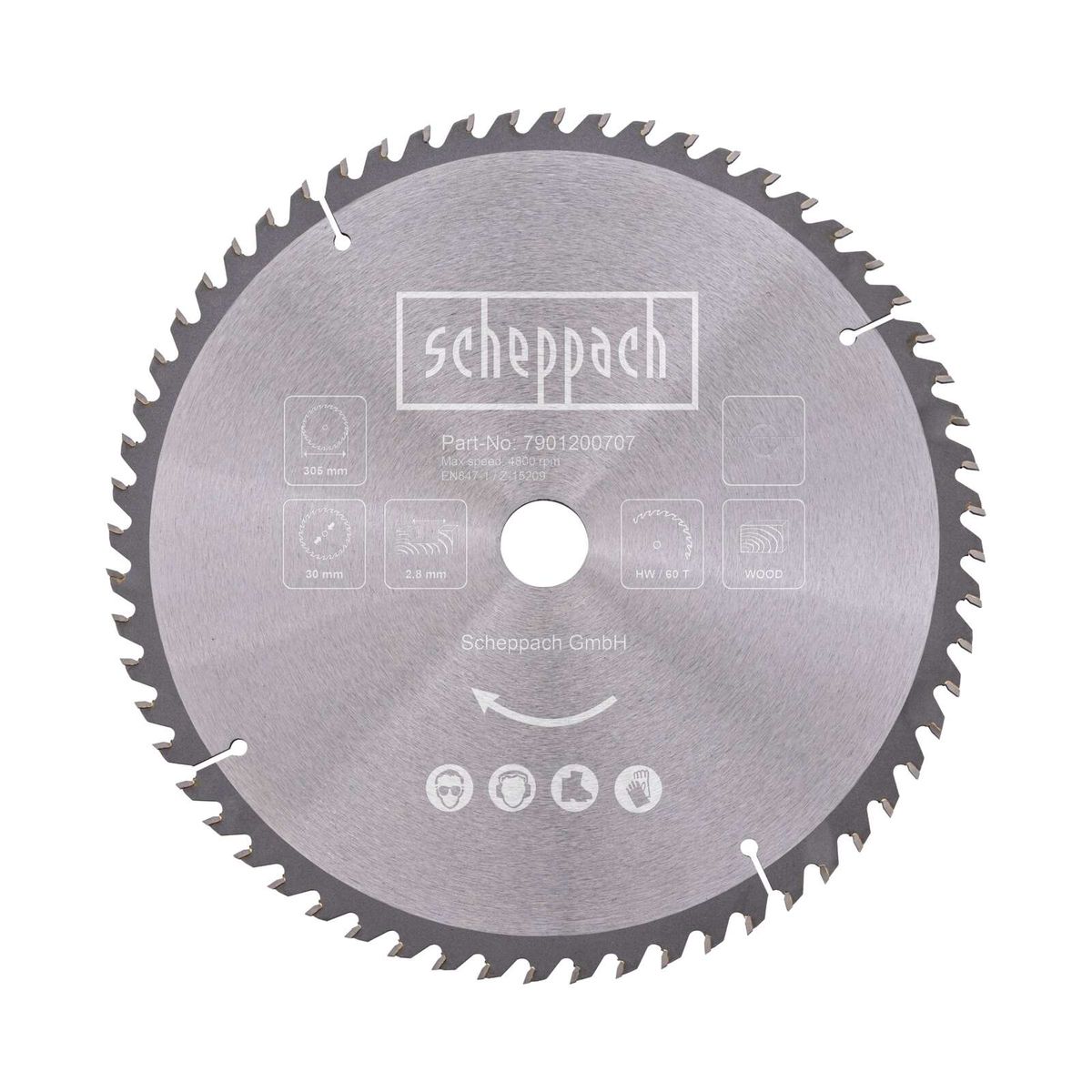 Scheppach-Kunststoffsägeblatt mit Teilenummer 7901200707, Maximalgeschwindigkeit 4300 U/min, EN 847-1 Z15209