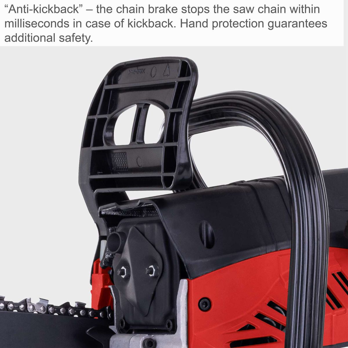 The petrol chainsaw CSP560S by Scheppach features an anti-kickback function that stops the chain immediately in case of kickback. It also includes a hand guard for added safety.