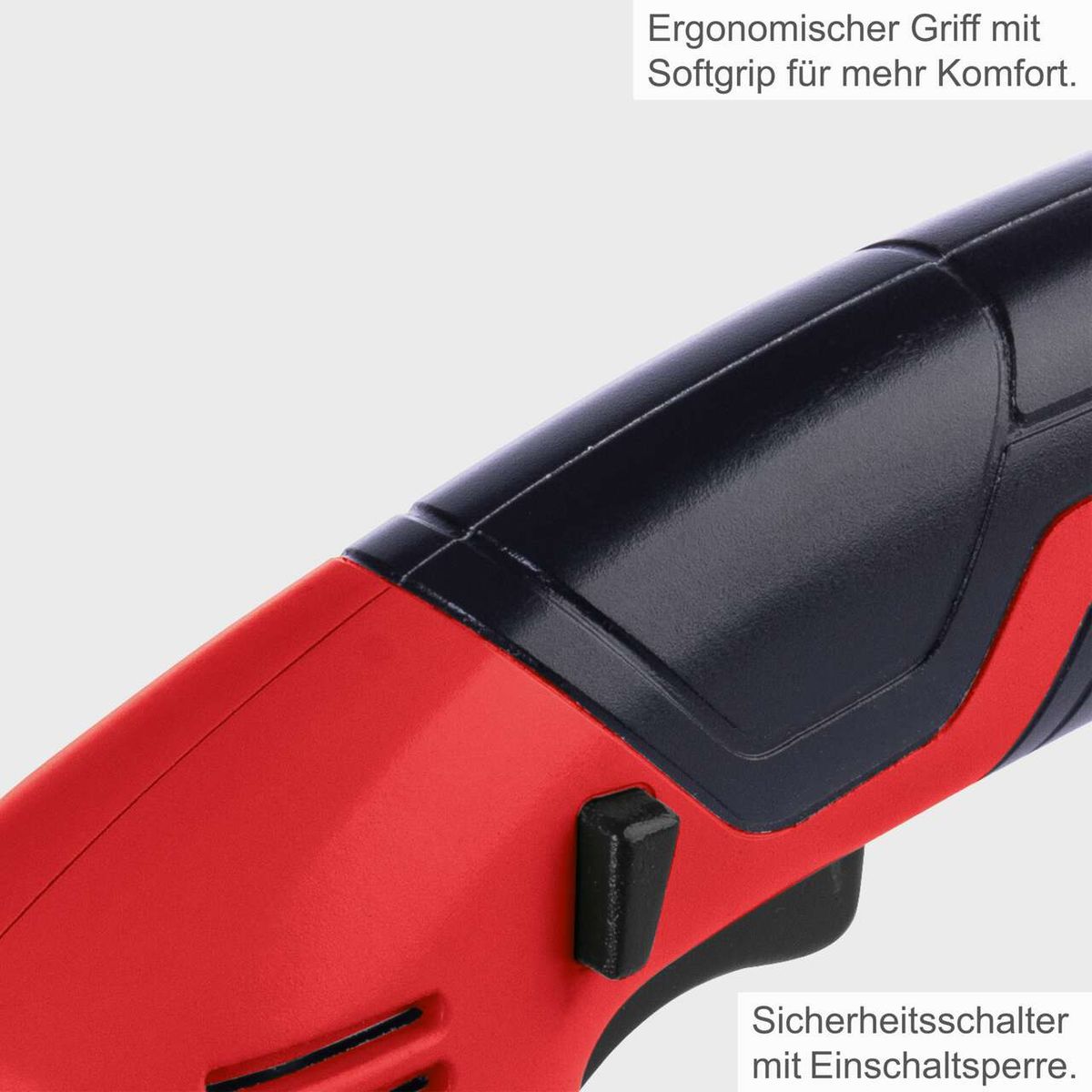 Ergonomischer Griff mit Softgrip für mehr Komfort. Sicherheitsschalter mit Einschaltsperre.