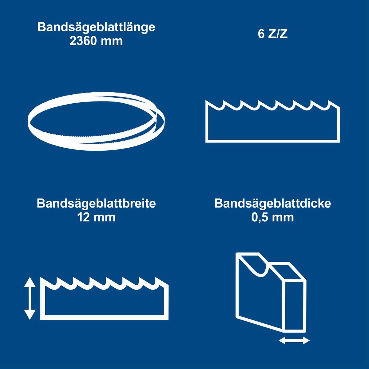 Bandsägeblatt mit 2360 mm Länge, 12 mm Breite, 0,5 mm Dicke und 6 Zähne pro Zoll