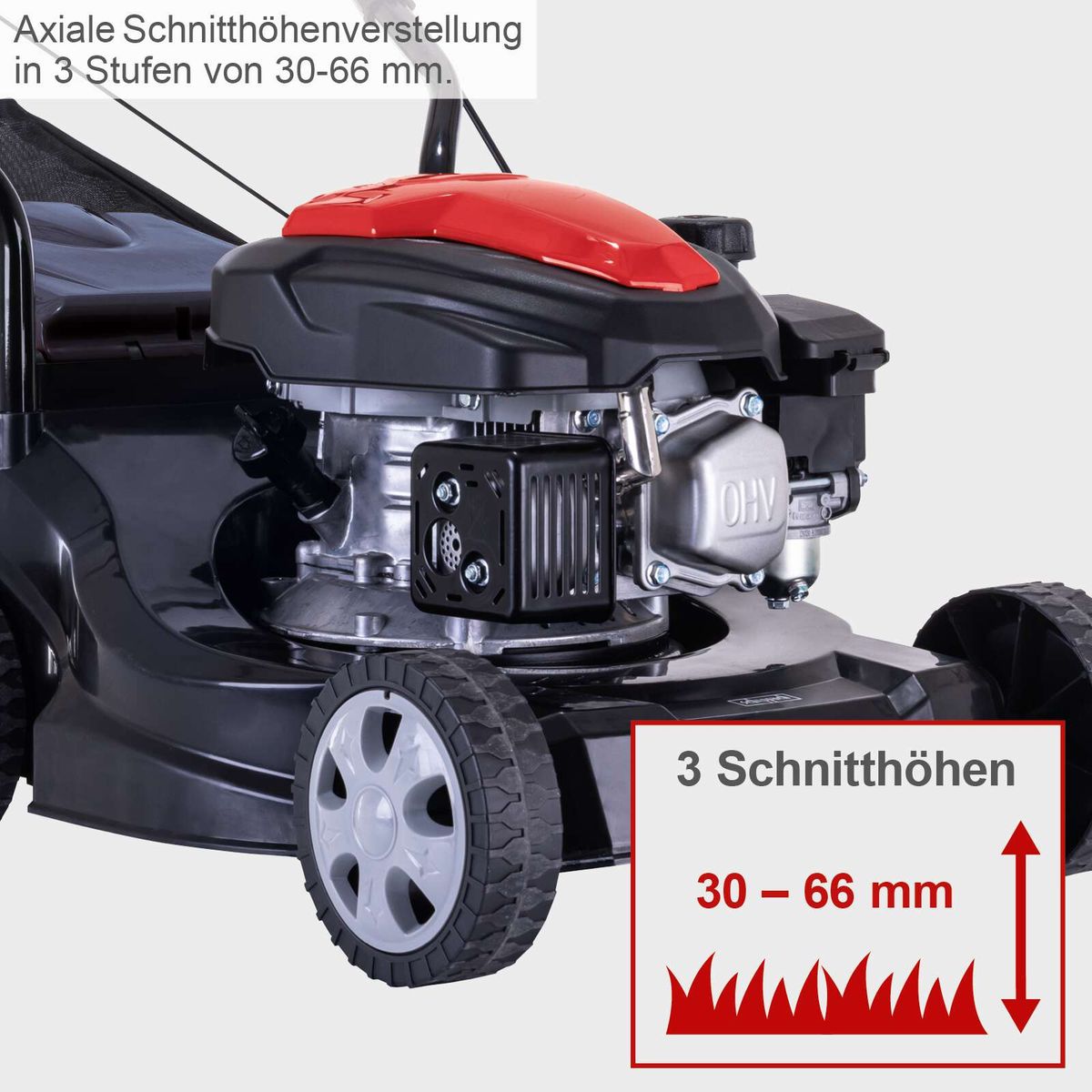 Der Scheppach Rasenmäher bietet eine axiale Schnitthöhenverstellung in 3 Stufen von 30-66 mm.