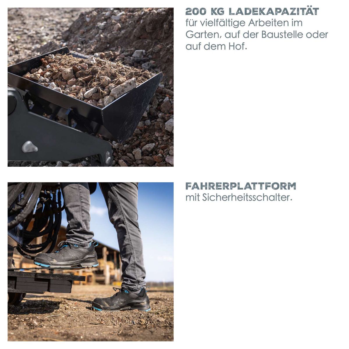 Kompaktlader mit 200 kg Ladekapazität für Garten-, Baustellen- und Hofarbeiten, Fahrerplattform mit Sicherheitsschalter