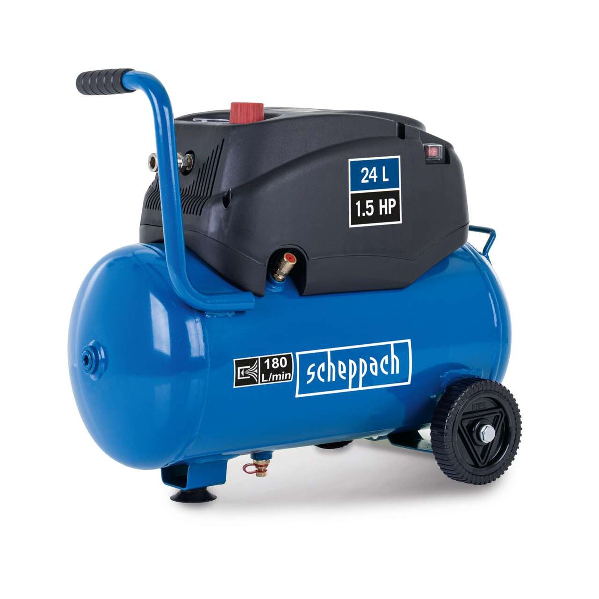 Scheppach Kompressor GK240ofx: 24 Liter Tank, 1,5 PS, 180 Liter/Minute, ölfrei und wartungsarm.