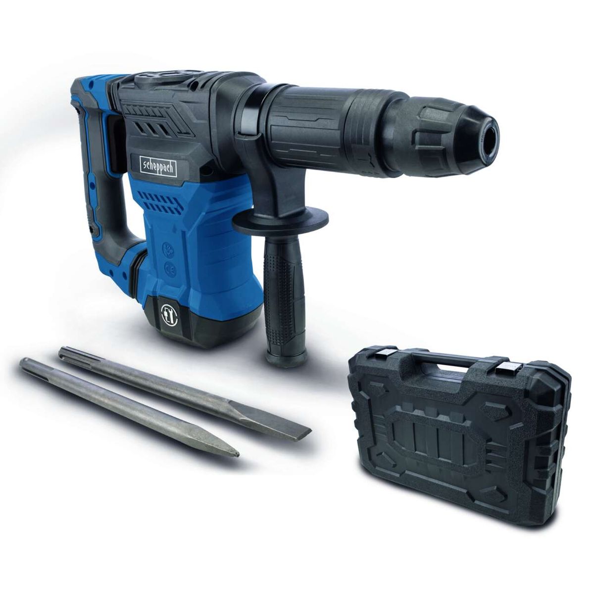 Abbruchhammer AB1500x Scheppach mit Spitz- und Flachmeißel sowie Aufbewahrungskasten. Gezeigt von der Seite.