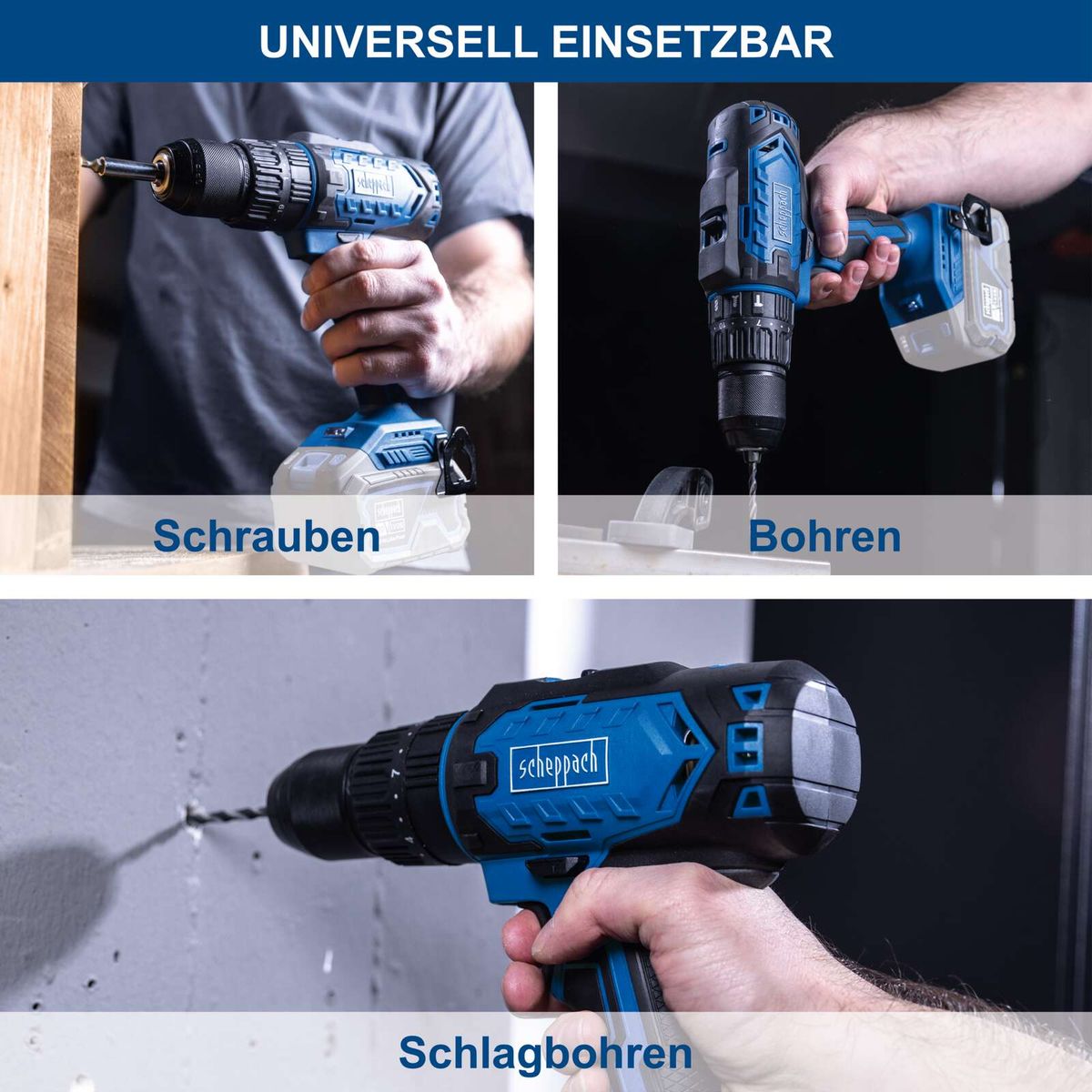 Scheppach Akku-Schlagbohrmaschine mit Illustrationen für Bohren, Schrauben und Schlagbohren
