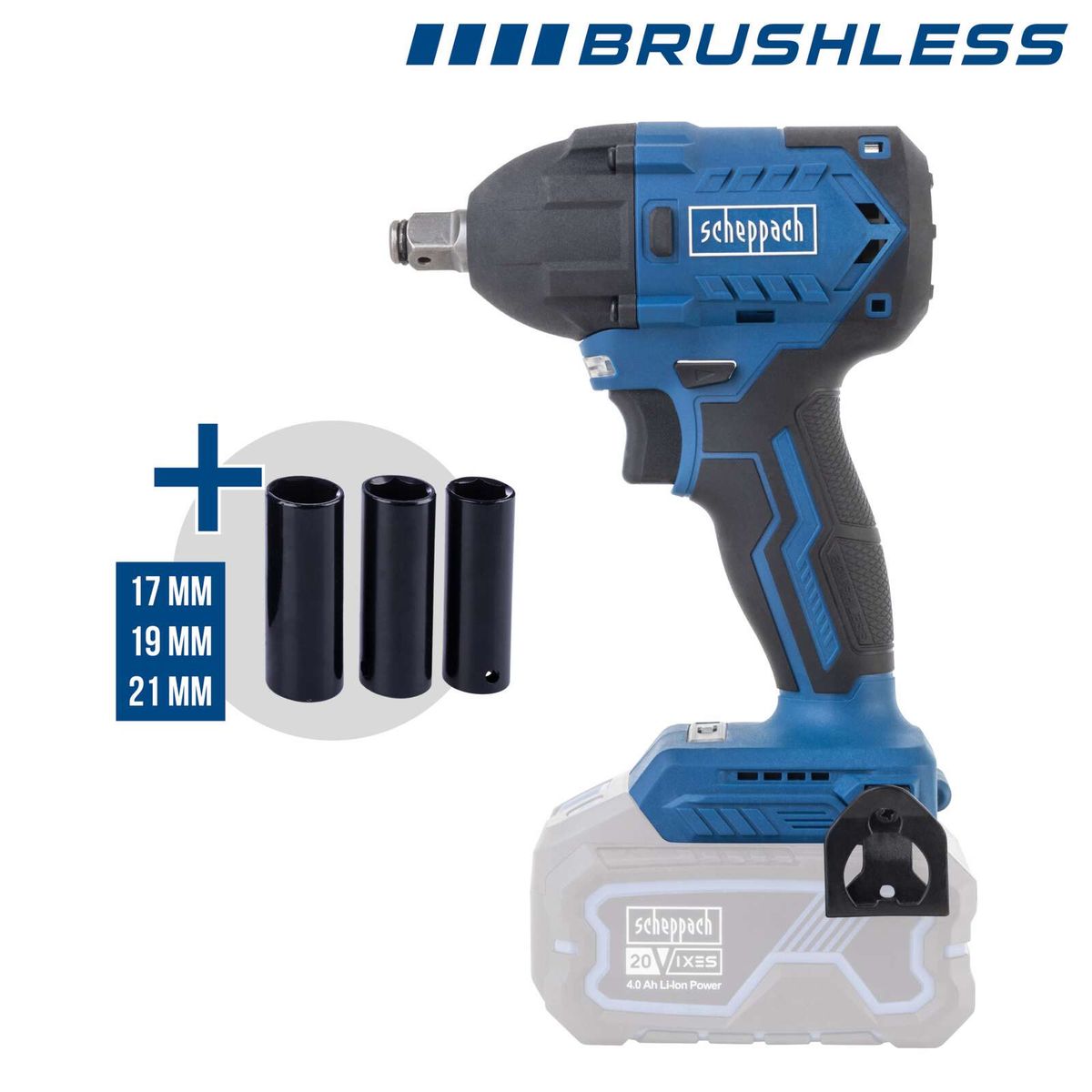 Brushless-Akku-Schlagschrauber mit 17, 19 und 21 mm-Innengewinde, 4,0 Ah Akku und 20-Volt-System