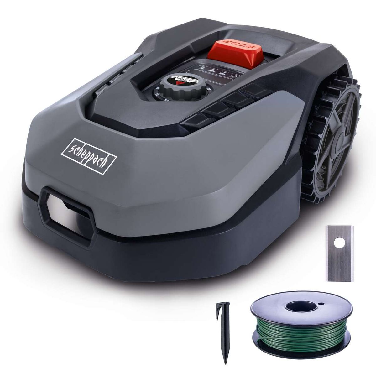 Rasenmähroboter RoboCut L500 von Scheppach. Enthält Roboter, Spule mit Begrenzungskabel und Stift. Das Begrenzungskabel begrenzt den Arbeitsbereich des Roboters.